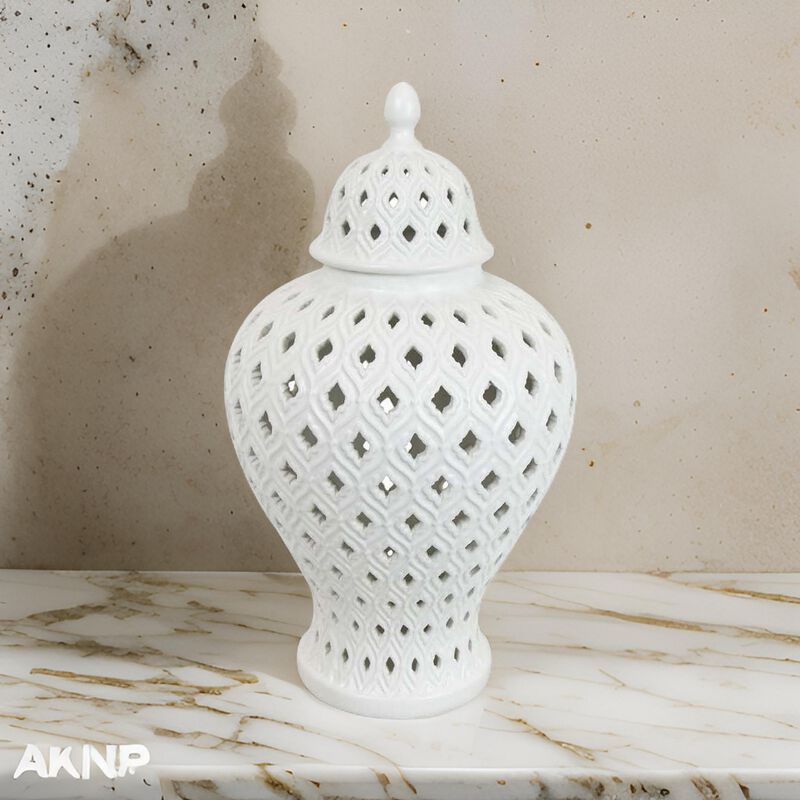 Deni 18 Inch Temple Jar, Pierced, Carved Lattice Design, Lid, White - Benzara