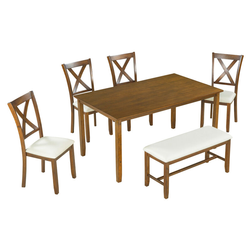 6-Piece Kitchen Dining Table Set Wooden Rectangular Dining Table, 4 Fabric Chairs and Bench