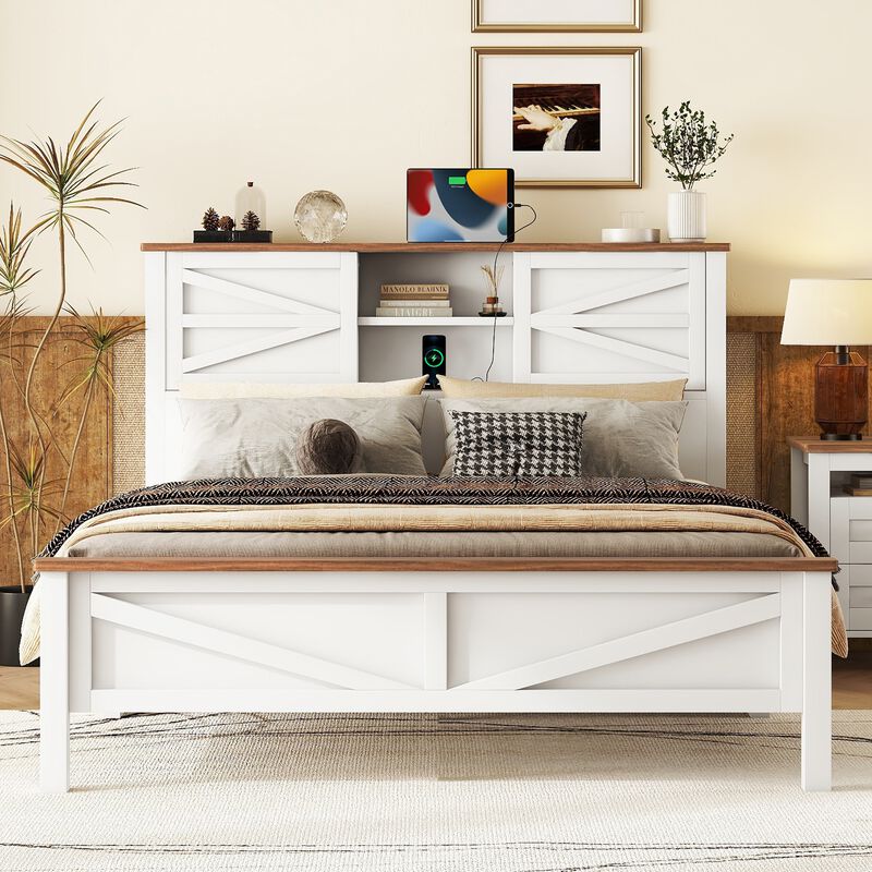 Merax Farmhouse Platform Bed with Charging Station