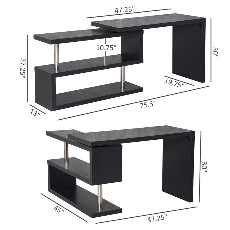 Black Home Office Hub: 360° Rotating L-Shaped Desk with Storage Shelves