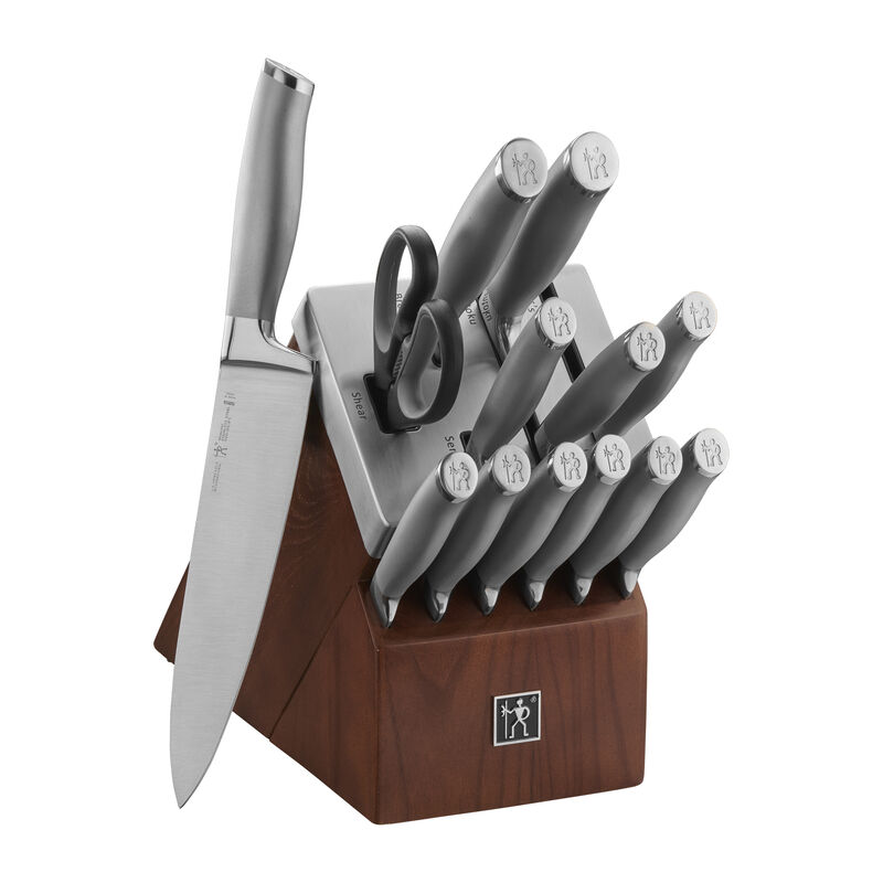 Henckels Modernist 14-pc Self-Sharpening Knife Set with Block, Chef Knife, Paring Knife, Bread Knife, Steak Knife, Dark Brown, Stainless Steel, Walnut