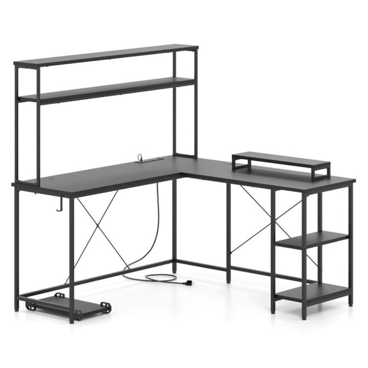 Hivvago L-Shaped Reversible Gaming Desk with LED Strip and Power Outlets Hutch Monitor Stand