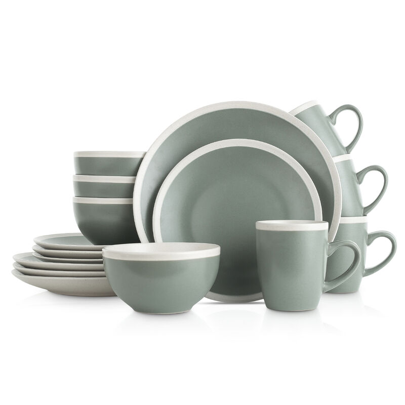 Stone Lain Serenity Stoneware 16 Piece Dinnerware Set, Green and Cream