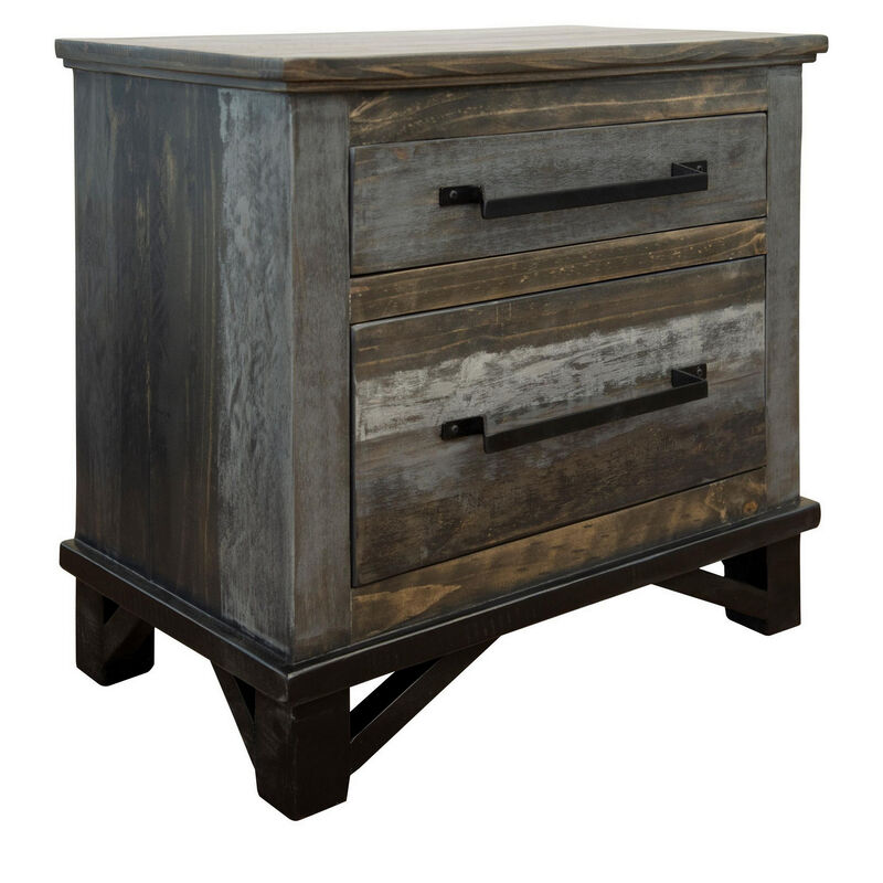 Peya 28 Inch Rustic Nightstand, 2 Drawers, Distress Gray, Brown Pine Wood-Benzara