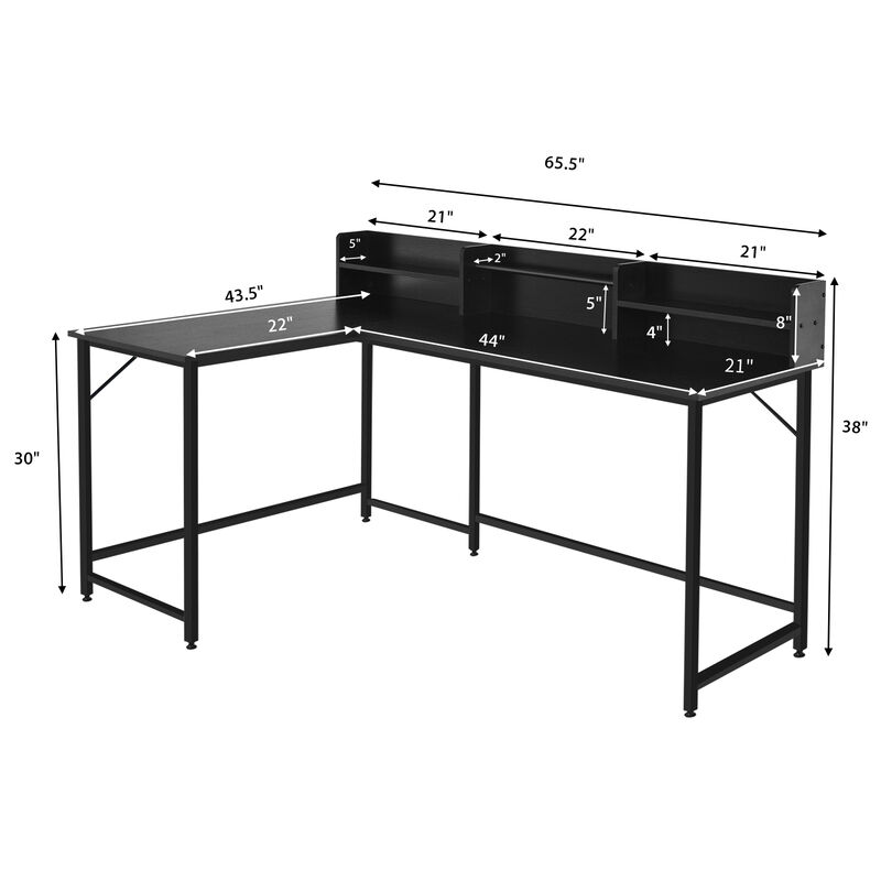 Costway 65.5'' L-shaped Computer Desk Home Office Corner Table w/Bookshelf Rustic