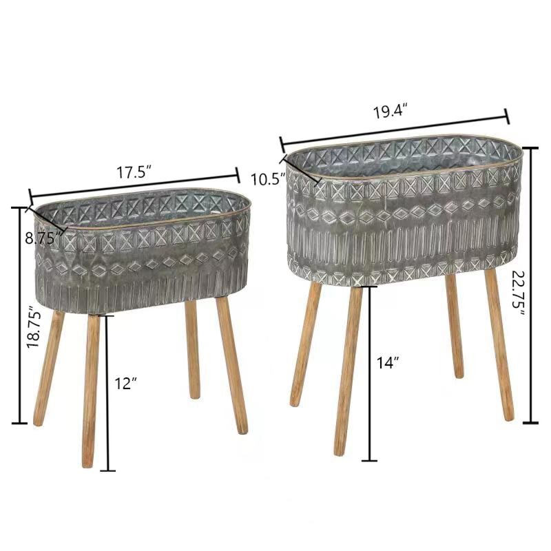 LuxenHome Set of 2 Aztec Gray Metal Cachepot Planters with Wood Legs