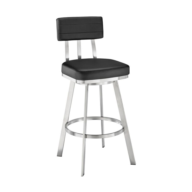 Poni 26 Inch Swivel Counter Stool Chair, Cushioned Seat, Black Faux Leather - Benzara