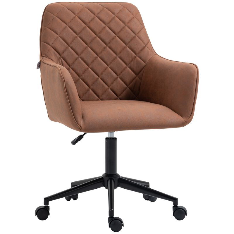 Brown Argyle Swivel Office Chair Leather-Feel Fabric Home Study Leisure with Wheels