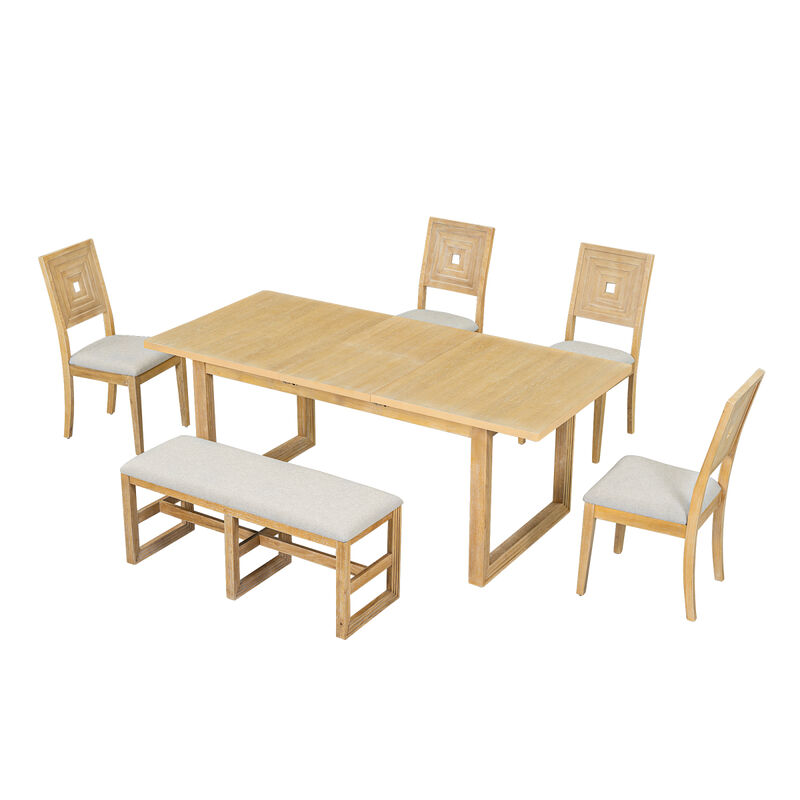 Modern 78inch 6Piece Extendable Dining Table Set, 4 Upholstered Dining Chairs and Dining Bench, 18" Butterfly Leaf, Natural