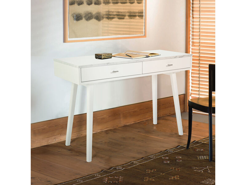 Viola 44" Rectangular Italian Carrara White Marble Writing Desk with Walnut Leg