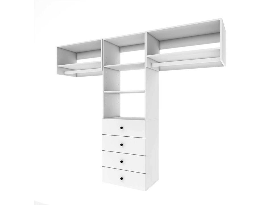 71"H Closet Organizer System, Closet System with 4 Drawers, 2  Clothing Racks， Walk in Closet Organizers and Storage with 5 Shelves Wall Mounted, White Wardrobe Closet for Bedroom