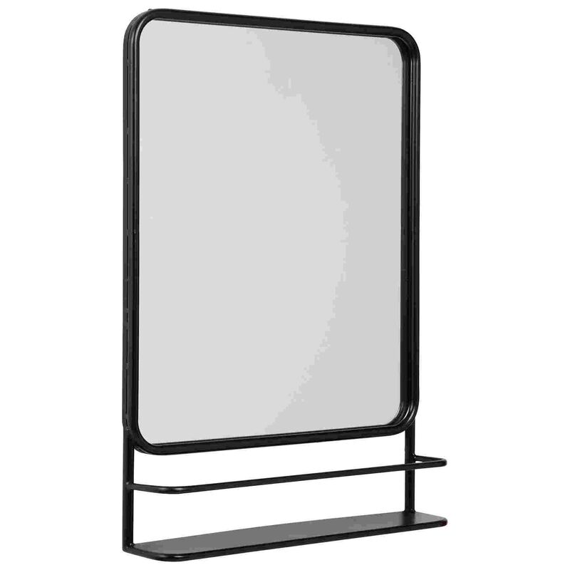 Accent Mirror with Sleek Metal Frame and Shelf, Black-Benzara