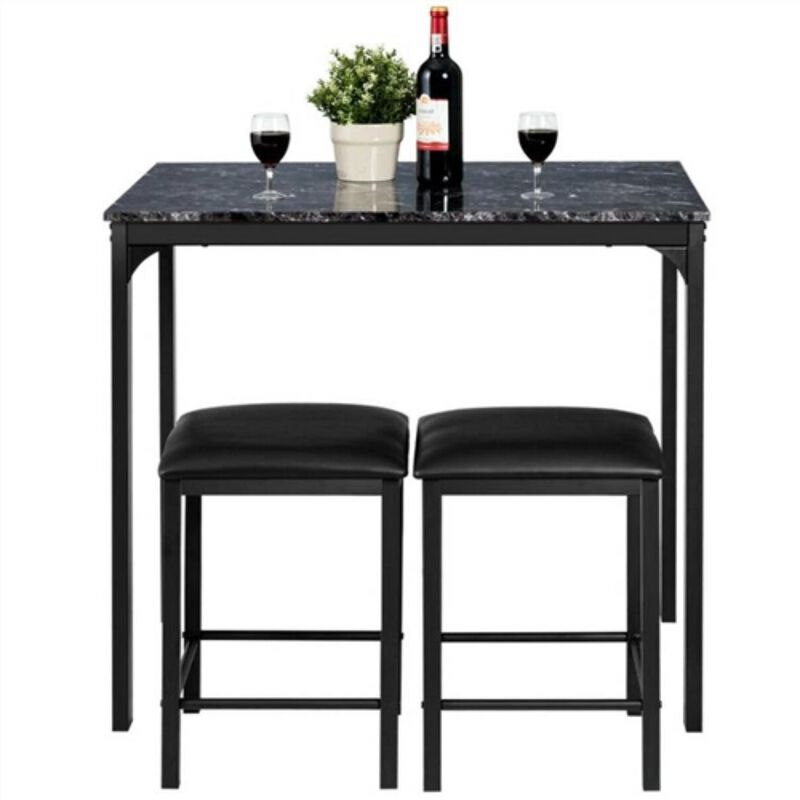 Hivvago Modern 3 Piece Dining Set Black Faux Marble Table Top and 2 Black Chairs Stools