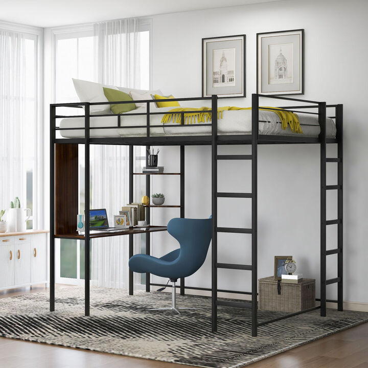 Full Size Metal Loft Bed With 2 Shelves And One Desk