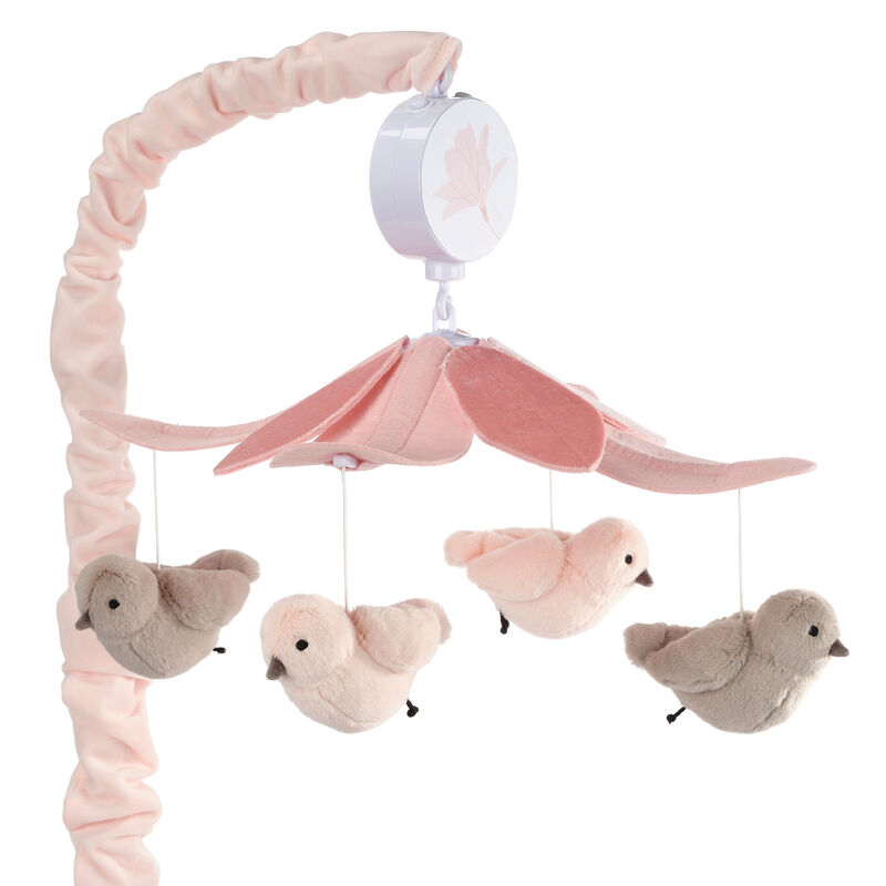 Lambs & Ivy Petals Pink/Gray Birds Musical Baby Crib Mobile Soother Toy