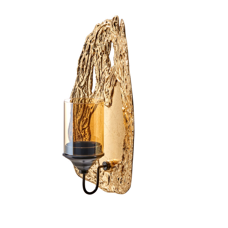 Vivien 14" Abstract Gold Wall Candle Sconce with Glass Hurricane