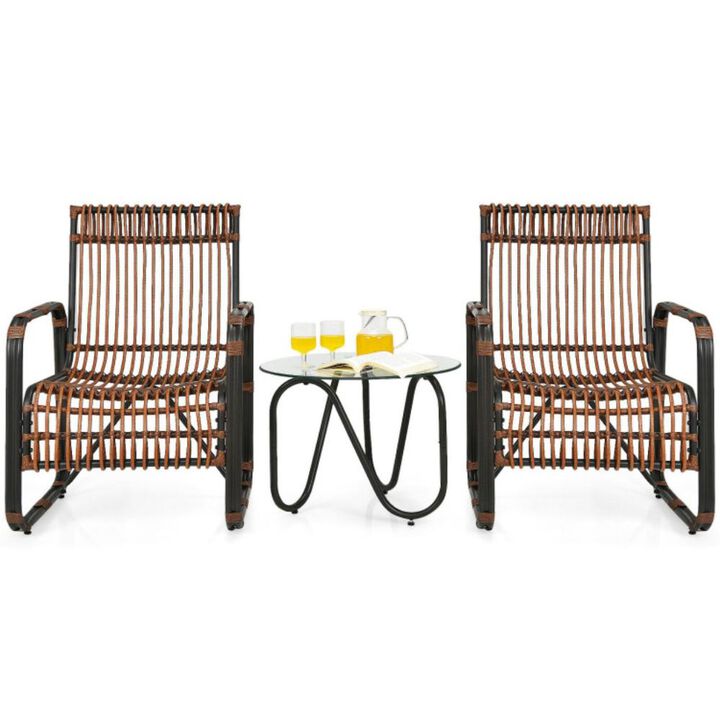 Hivvago 3 Pieces Patio Rattan Furniture Set with 2 Single Wicker Chairs and Glass Side Table