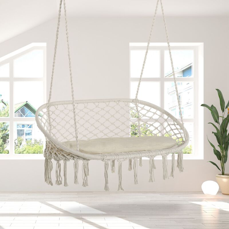 Outsunny 2-Person Hammock Chair Macrame Swing with Soft Cushion, Hanging Cotton Rope Chair for Indoor Outdoor Home Patio Backyard, White