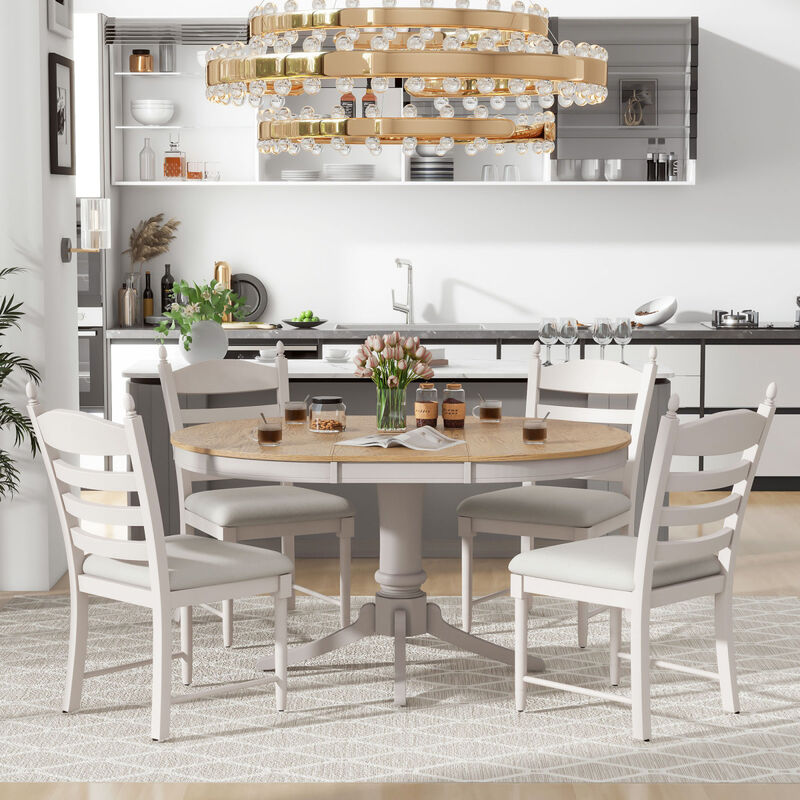 5-Piece Retro Functional Dining Table Set Wood Round Extendable Dining Table and 4 Upholstered Dining Chairs (Off White)
