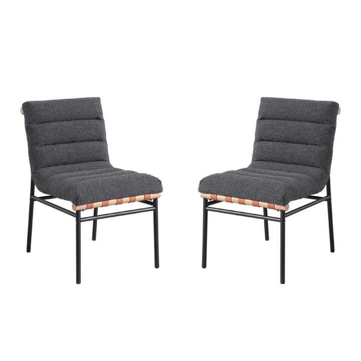 Kive Dining Chair Set of 2, Black Iron Legs, Gray Channel Tuft Boucle