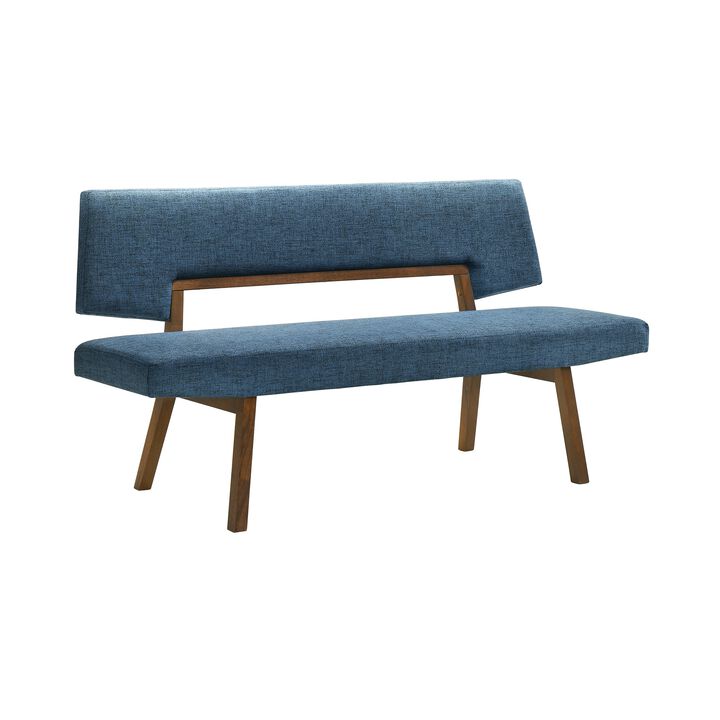 Yumi 63 Inch Dining Bench, Seat and Back with Blue Fabric, Walnut  - Benzara
