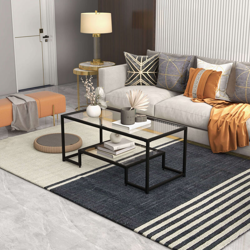Modern 2-Tier Rectangular Coffee Table with Glass Table Top