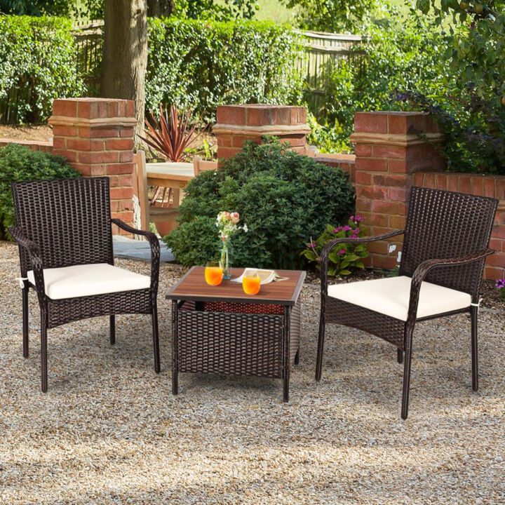 Hivvago 3 Pieces Patio Rattan Furniture Bistro Set with Wood Side Table and Stackable Chair