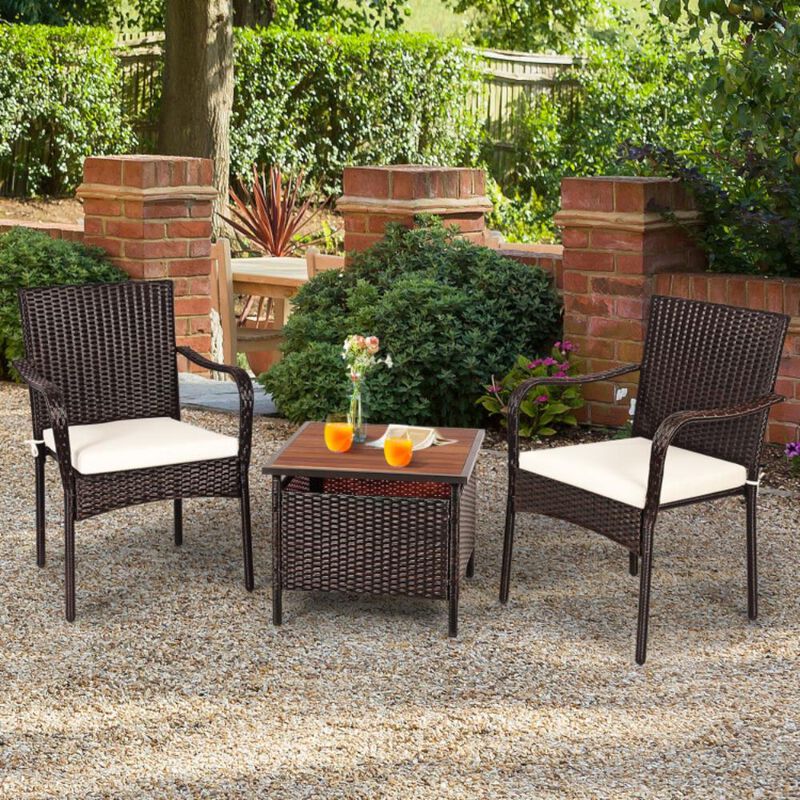 Hivvago 3 Pieces Patio Rattan Furniture Bistro Set with Wood Side Table and Stackable Chair