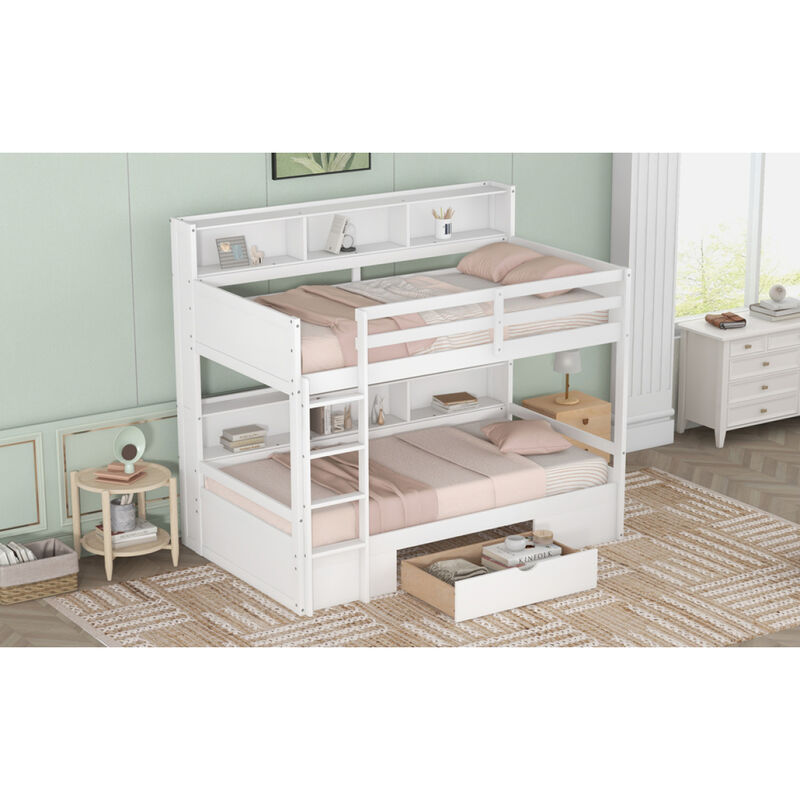 Twin Size Bunk Bed with Built-in Shelves Beside both Upper and Down Bed and Storage Drawer, White