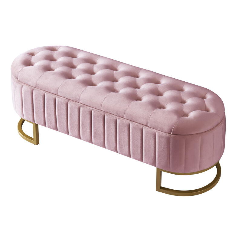 Elegant Upholstered Velvet Storage Ottoman with Button-Tufted, Storage Bench with Metal Legs for Bedroom, Living Room, Fully Assembled Except Legs, Pink