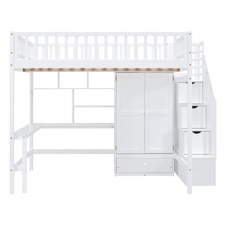 Full size Loft Bed with Bookshelf, Drawers, Desk, and Wardrobe White