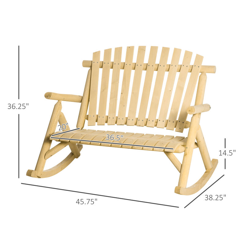 Outsunny Outdoor Wooden Rocking Chair, Double-person Rustic Adirondack Rocker with Slatted Seat, High Backrest, Armrests for Patio, Garden and Porch, Natural