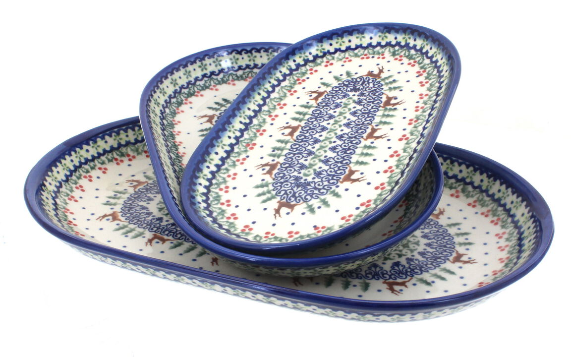 Blue Rose Polish Pottery Holiday Pines 3 Piece Oval Server Set