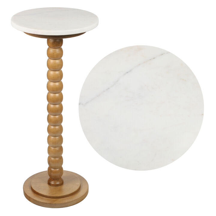 Monroe 24.25" Rustic Farmhouse Spindle Wood Drink Table and Decorative End Table with White/Beige Marble Round Top
