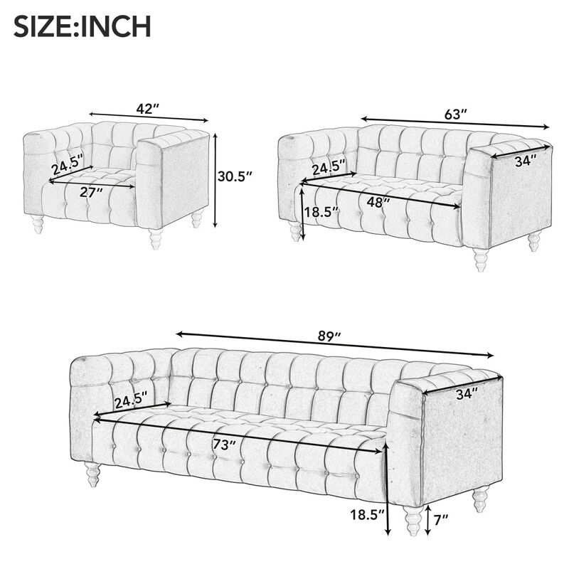 42" Modern Sofa Dutch Fluff Upholstered sofa with solid wood legs, buttoned tufted backrest, gray