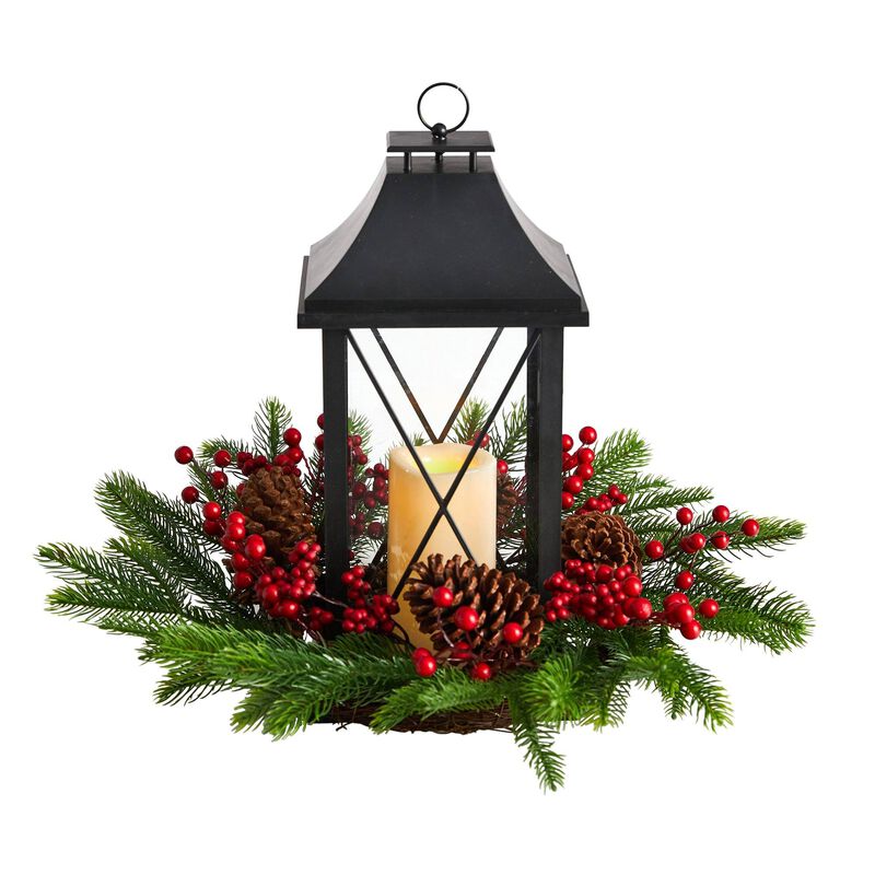 Nearly Natural 16-in Holiday Christmas Berries, Pinecones and Greenery with Lantern and Included LED Candle Artificial Table Arrangement