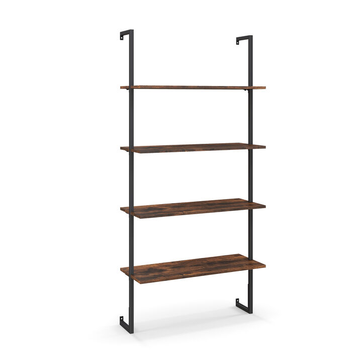 4-Tier Industrial Ladder Bookshelf with Metal Frame-Coffee