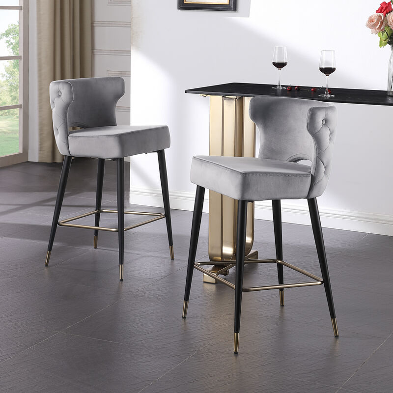 Furniture Contemporary Velvet Upholstered Counter Height Stool with Gold Tipped, Black Metal Legs, 22" W x 19" D x 38.5" H, Gray