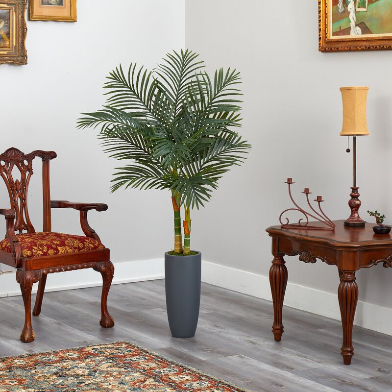 HomPlanti 58 Inches Golden Cane Artificial Palm Tree in Gray Planter