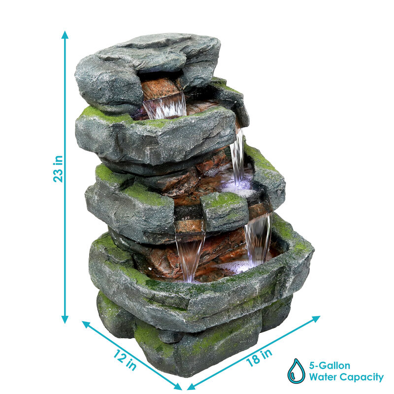 Sunnydaze Electric Tiered Stone Waterfall Fountain with LED Lights - 23 in