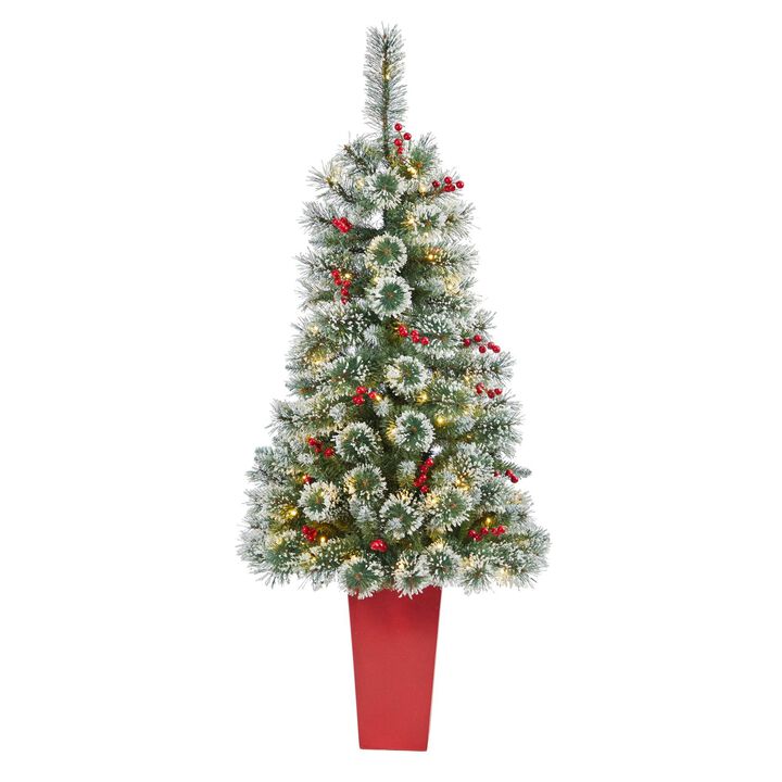 Nearly Natural 52-in Frosted Swiss Pine Christmas Tree 100 LED in Red Planter