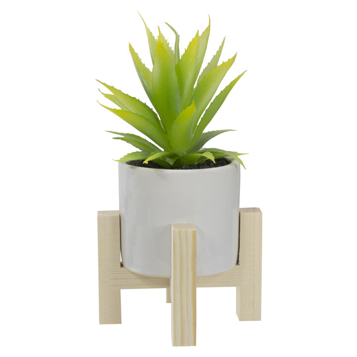 8.25" Potted Green Artificial Agave Plant with Wooden Stand