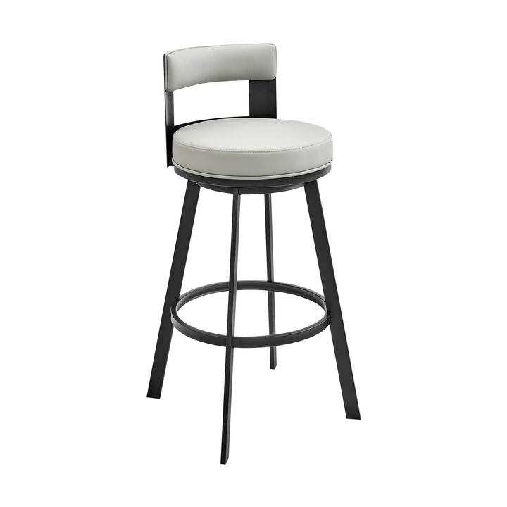 Ami 26 Inch Swivel Counter Stool Chair, Gray Faux Leather, Black Metal - Benzara