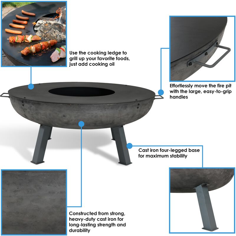 Sunnydaze 40 in Cast Iron Fire Pit Bowl with Cooking Ledge