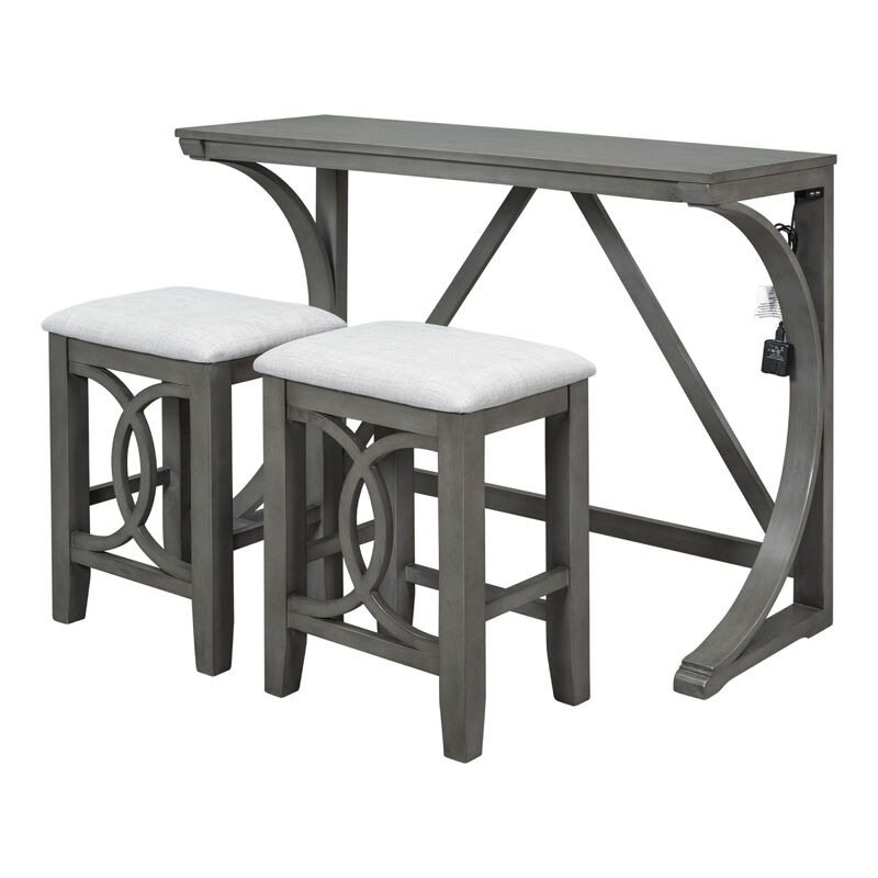 Farmhouse 3-Piece Counter Height Dining Table Set with USB Port and Upholstered Stools, Gray