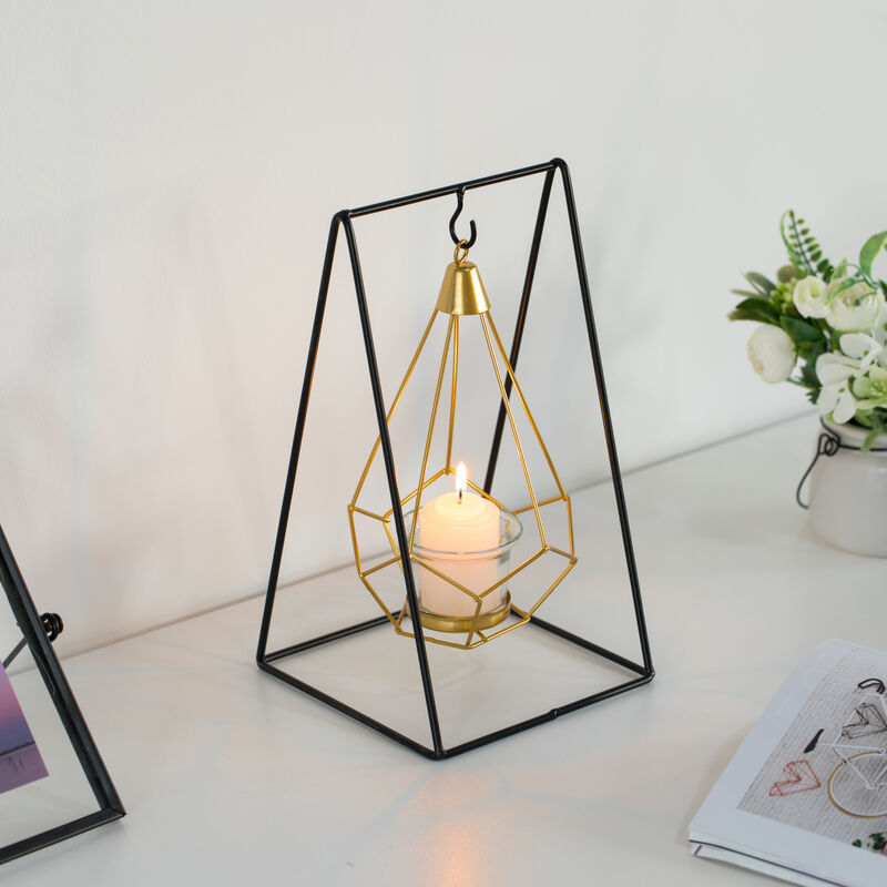 Geometric Framed Swinging Votive Candle Holder Decorative Modern Hanging Lantern Tabletop Centerpiece