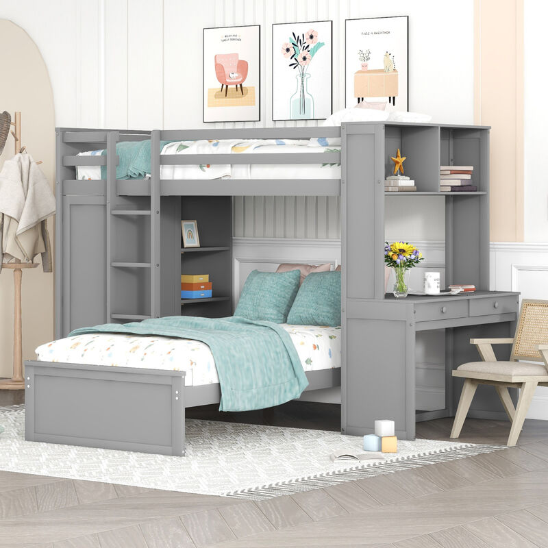 Twin size Loft Bed with a Stand-alone bed, Shelves, Desk, and Wardrobe-White