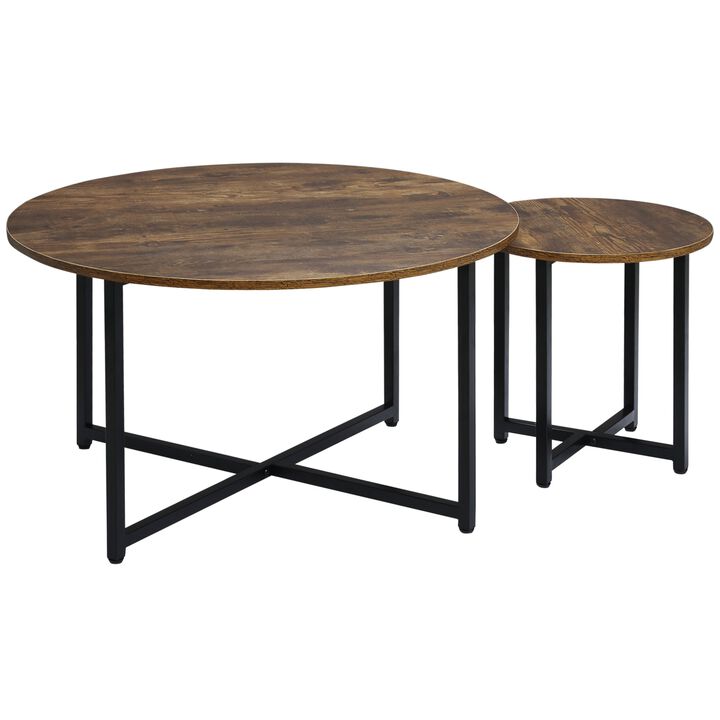 Rustic Brown Nesting: Round Coffee Table Set of 2 with Metal Frame