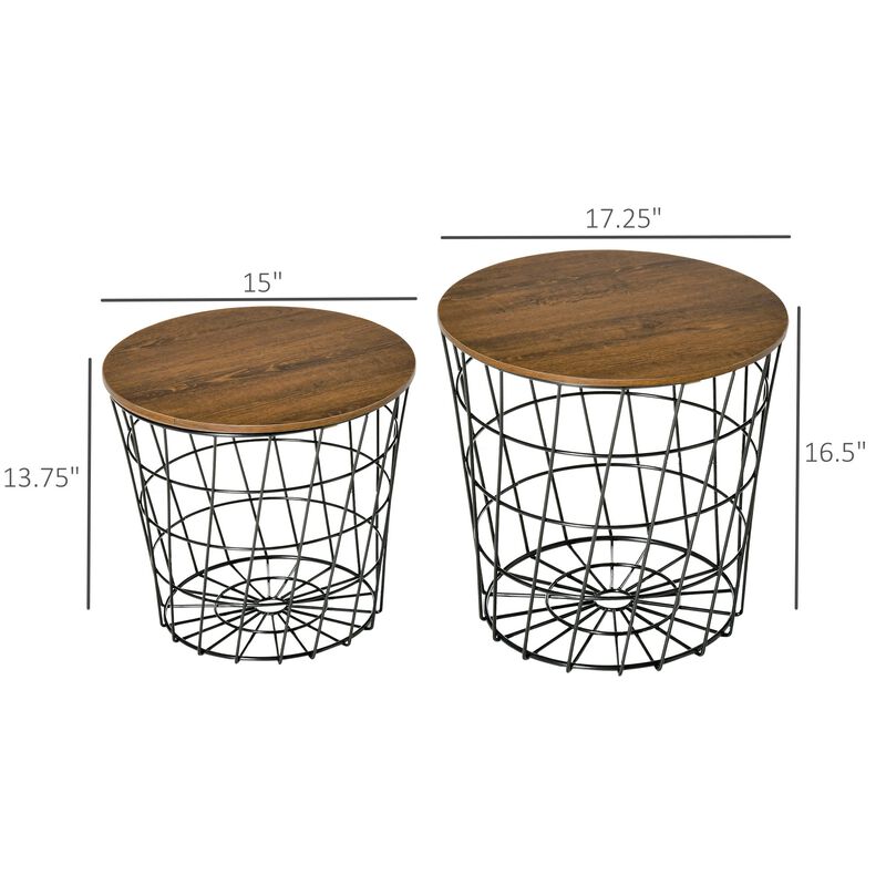 Black/Brown Nesting Tables: Set of 2 Round Side Tables with Storage