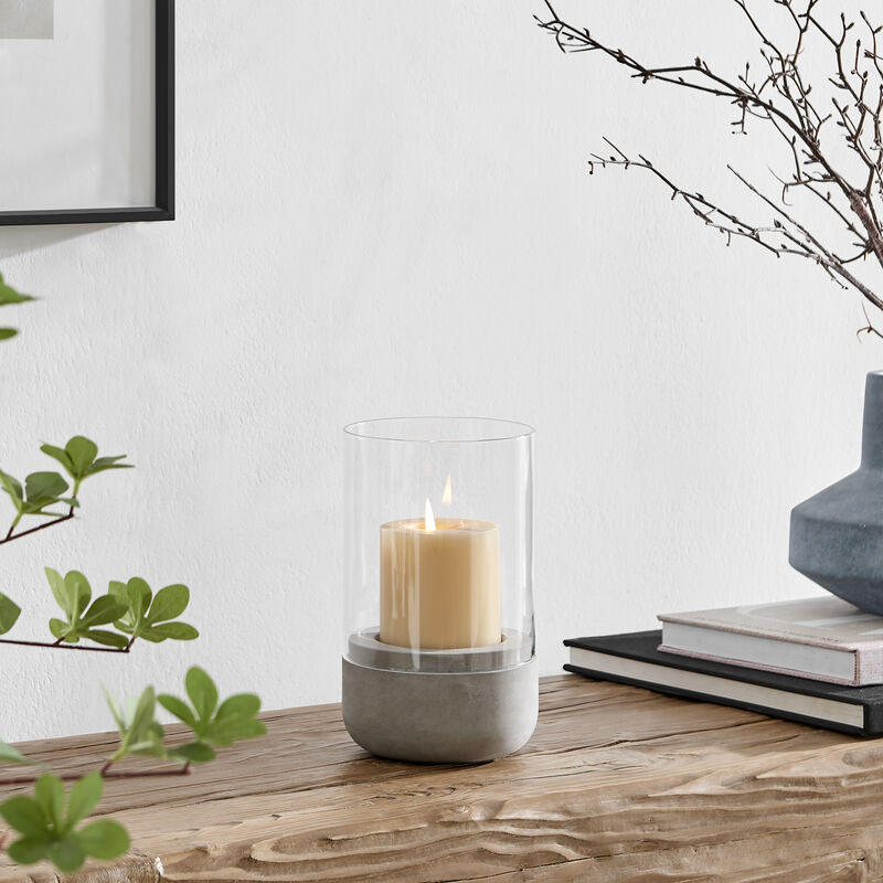 Danya B. Modern Cool Gray Cement Base and Glass Pillar Candle Holder